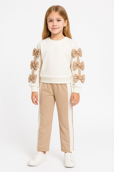 Midani Store Bow Detailed 2 Thread Girls Tracksuit Set (Age 8-12) - Cream Top / Beige Bottom White Top / Blue Bottom