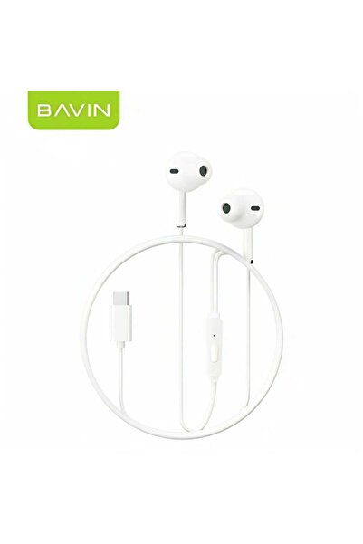 Bavin سماعة أذن سلكية تايب سي مزودة بميكروفون وصوت ستيريو عالي الدقة وصوت جهير أبيض