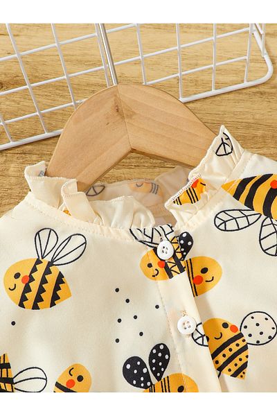 Styli Girls Bee Print Bow Decor Top and Leggings Set