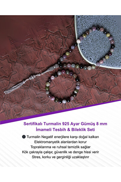 Saff Doğal Taş Sertifikalı Turmalin 925 Ayar Gümüş 8 mm İmameli Tesbih & Bile...