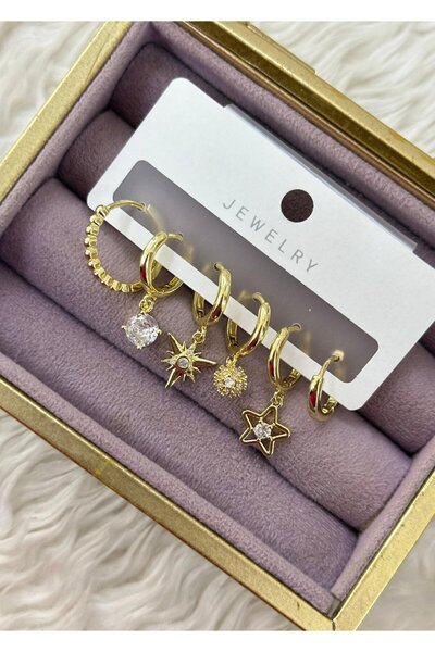 BY YASİN TOPÇU Vip Gold Color Star and Stone Detailed Set of 6 Charm Earrings