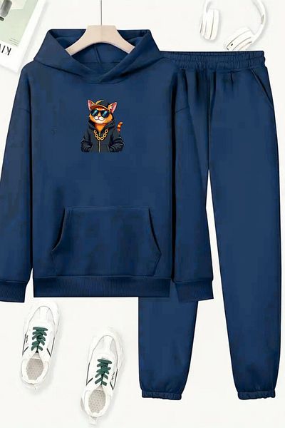 VBSVİBES Unisex Navy Blue Cool Cat Printed Tracksuit Hoodie - Winter Raised Fabric