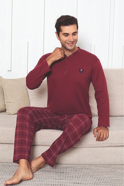 Farya Home Dreamy Cotton Plaid Checked Long Sleeve Button-Down Collar Men's Pajama Set