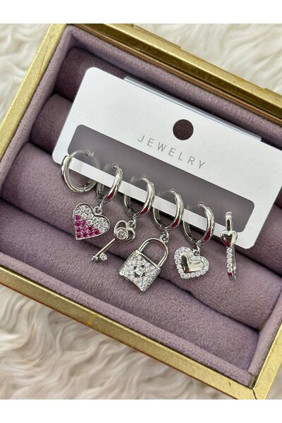 BY YASİN TOPÇU Vip Silver Color Heart and Lock Themed Set of 6 Charm Earrings