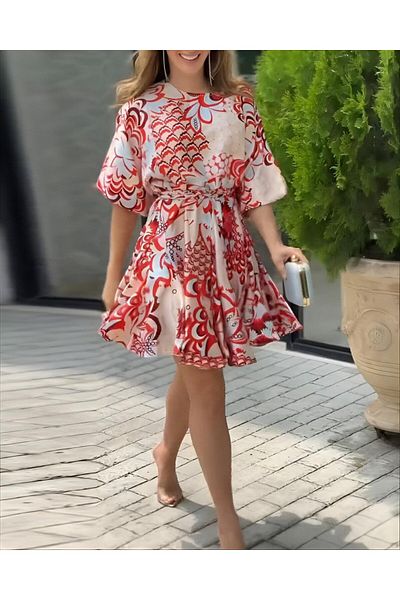 Modayakamoz New Season Women's Short Balloon Sleeve Round Neck Pleated Patterned Mini Dress