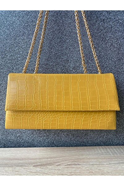 Dadali Leather Look Crocodile Patterned Chain Bag Mustard