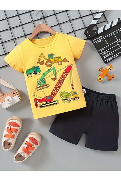 Styli Boys Yellow Vehicle Graphic T-Shirt and Shorts Set