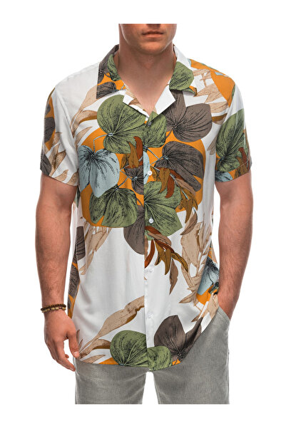 OMBRE Ανδρικό κοντομάνικο πουκάμισο με σχέδιο βισκόζης OM-SHPS-0113 - λευκό/κρεμ V6 M