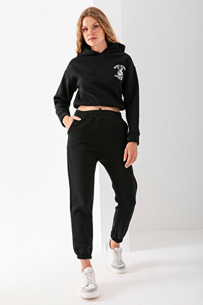 GİYSA Γυναικείο Σετ Φούτερ με Κουκούλα Αθλητικό Κεντημένο Πώμα Λεπτομερές Μαύρο - 2607