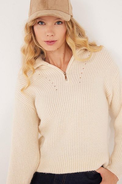 Tudors Women's Oversize Wide Cut Woven Zipper Collar Ecru Sweater