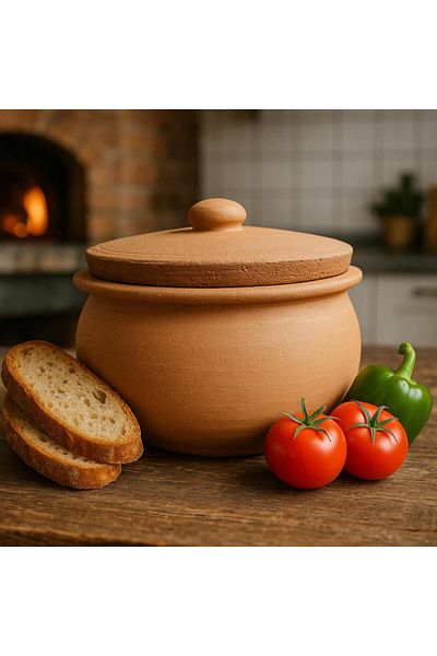 Elviora Natural Clay Stew Pot 2L – 6-8 Persons, Lid Gift, Stove & Oven Compatible, 3 Years Warranty