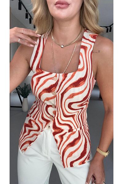 Sezgi Tekin Square Collar Tile Wave Pattern Linen Vest