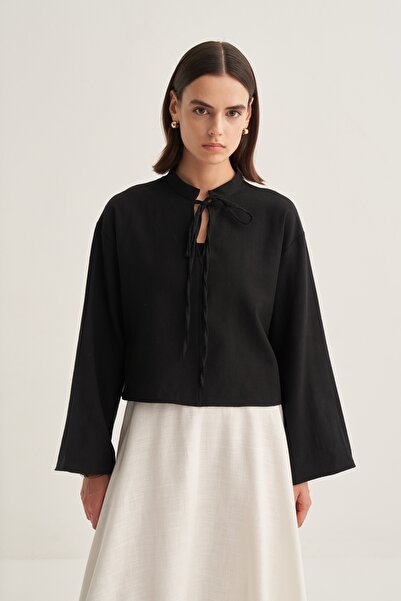 EBU Prive Kadın Organik Pamuk V Yakalı Kısa Bluz Siyah