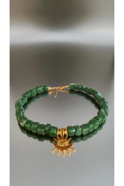 Bensei Takı Dükkanı Bensei̇ Green Glass Stove Beaded Necklace with Brass and Steel Accessories with Steel Chain