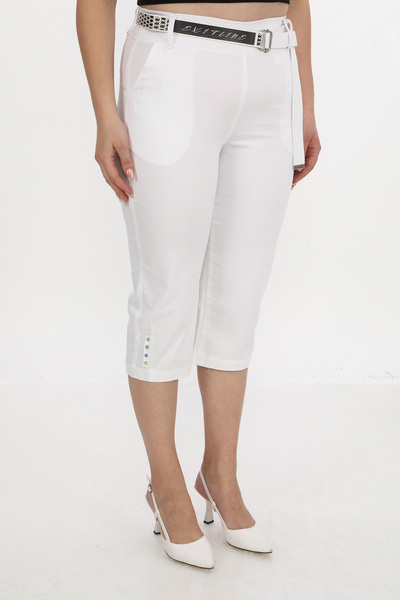 EXİTLİNE Women's Summer Belted White Capri Shorts with Stones and Elastic Waist