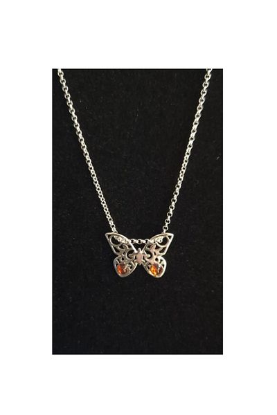 OEN Silver necklace with cognac brown amber, butterfly pattern, length 45 cm