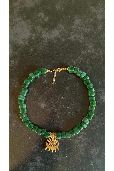 Bensei Takı Dükkanı Bensei̇ Green Glass Stove Beaded Necklace with Brass and Steel Accessories with Steel Chain