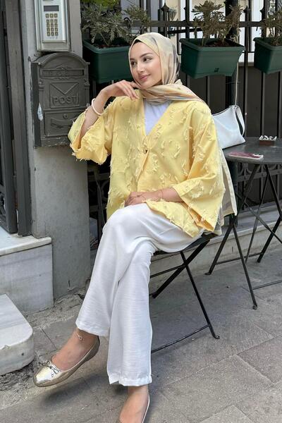 Modaensarbutik Püskül Dokulu V Yaka Ceketli Tesettür Pantolon Takım-SARI