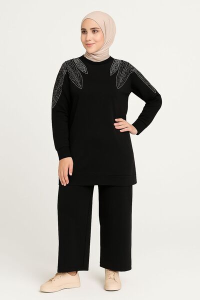 Sfg Life Moda Women's Black Hijab Clothing Elegant Stone Detailed Tunic & Trousers Two Piece Set