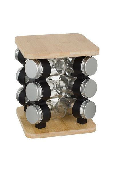 divendi-ro Rotating spice rack, wooden, with 12 glass containers, dimensions 17.5x17.5x17.5x21.5cm, transparent
