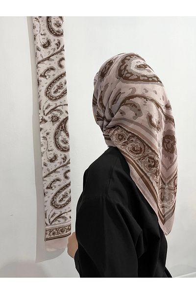 AMİNENESİL Soft Cotton Ethnic Pattern Flax Coffee Color Scarf