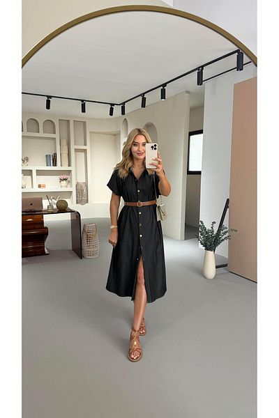 Sezgi Tekin Full Buttoned Belt Detail Smoked Denim Dress