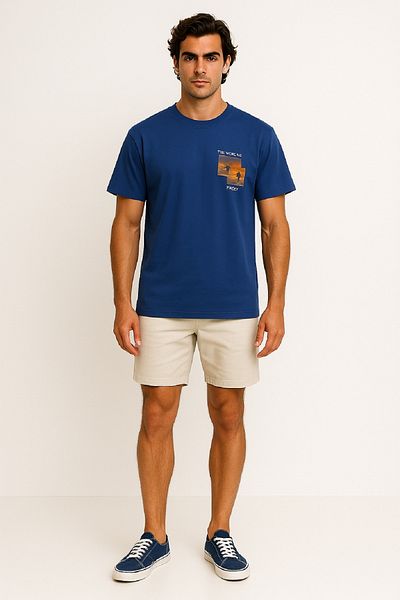 OIL PARK Crew Neck Chest Landscape Printed 100% Cotton Regular Fit Stretch Single Jersey T-Shirt