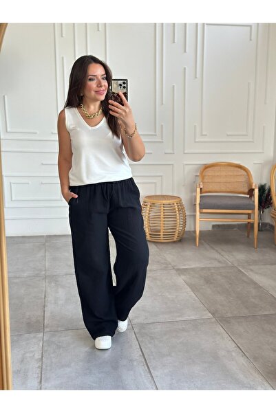 Yağmur Butik Beli Lastikli Bol Paça Müslin Pantolon