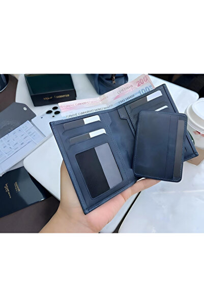 MODA محفظة رجالية من الجلد الطبيعي باللون الأزرق الداكن – مع حامل بطاقات، ومق...