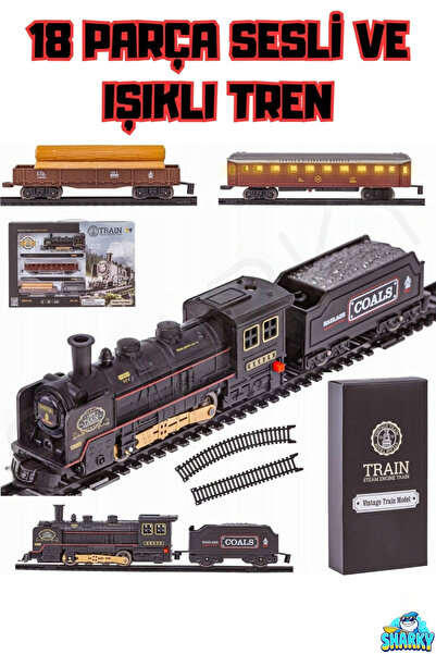 SHARKY Oyuncak Işıklı ve Sesli Vagonlu Retro Model Tren - 18 Parça Raylı Tren...