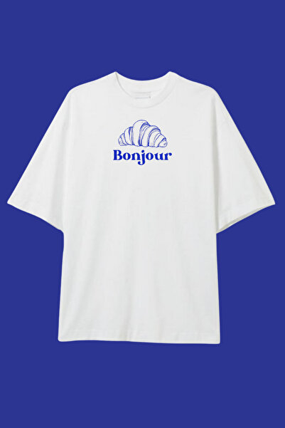 Dupe Design تي شيرت أبيض كبير الحجم مطبوع عليه بونجور كرواسون