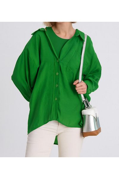 My Blog Grass Green Off-Shoulder Oversize Shirt - 4612
