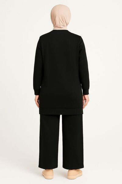 Sfg Life Moda Women's Black Hijab Clothing Elegant Stone Detailed Tunic & Trousers Two Piece Set