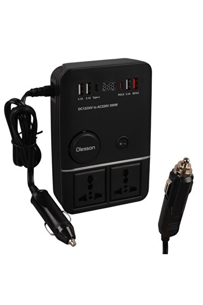 Olesson 1661 DC 12-24V 200W Oto Araç Power İnverter 2x Çakmak Girişi - 2x TYP...