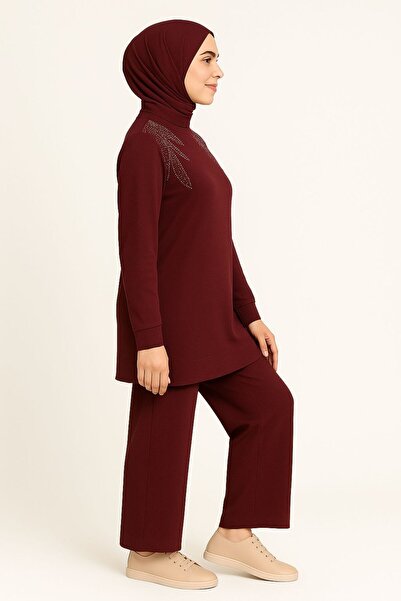 Sfg Life Moda Women's Burgundy Hijab Clothing Elegant Stone Detailed Tunic & Trousers Two-Piece Set