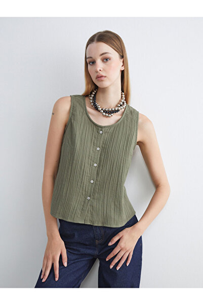 LC Waikiki Khaki bicycle collar textured muslin blouse