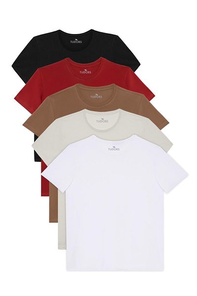 Tudors Unisex 5 Pkt Black-White-Stone-Brown-Brick Slim Fit Slim Fit 100% Cotton Crew Neck T-Shirt