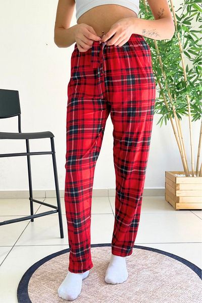Farya Home Soft Velvet Textured Plaid Checked Suede Pajama Bottoms Pants