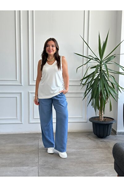 Yağmur Butik Beli Lastikli Bol Paça Müslin Pantolon