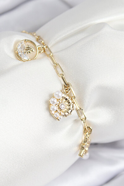 Nehir سوار نسائي من النحاس والزركون على شكل صدفة البحر موديل ذهبي اللون للنسا...