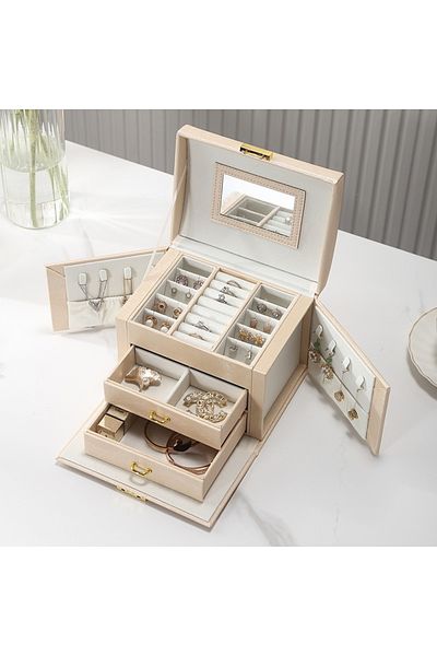 gaman Stylish Design Multi-Eye Leather Jewelry & Jewelry Box - Locking, Mirror, Drawer