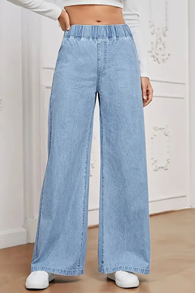 CEDY DENIM - Women's Summer Thin Fabric Pocketless Waist Elastic Palazzo Pants C630-Iceblue