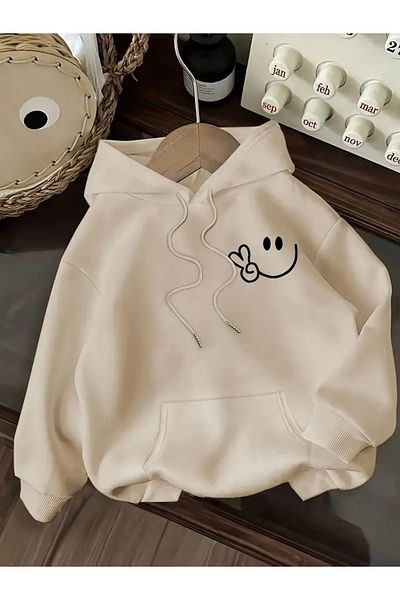 FUFLUNS Smiling Face Printed Oversize Unisex Hooded Sweatshirt