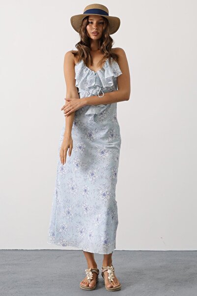 VAGGON Women's Blue Patterned Collar Flounce Strap Dress Vs00653