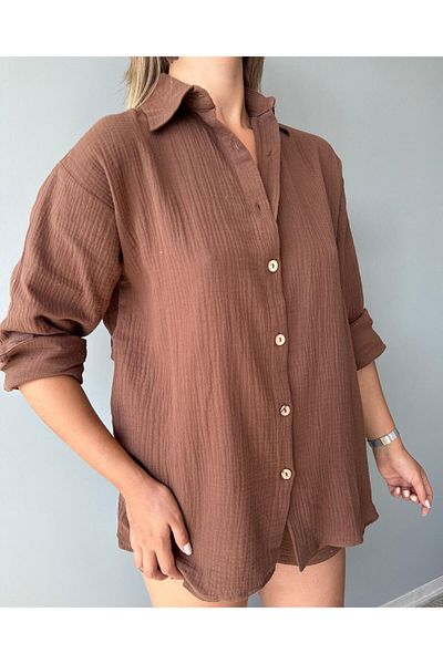 AlisaSu Button Front Shirt Elastic Waist Shorts Cotton Muslin Double Suit
