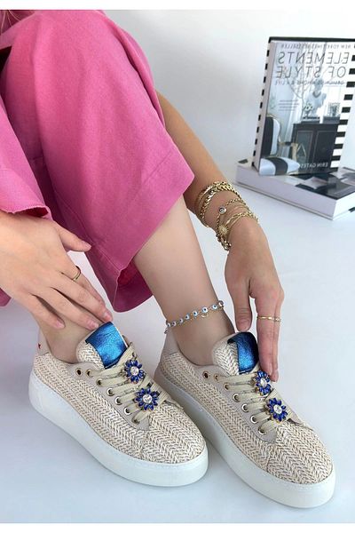 Erbilden Iwer Beige Straw Woven Lace-Up Sports Shoes