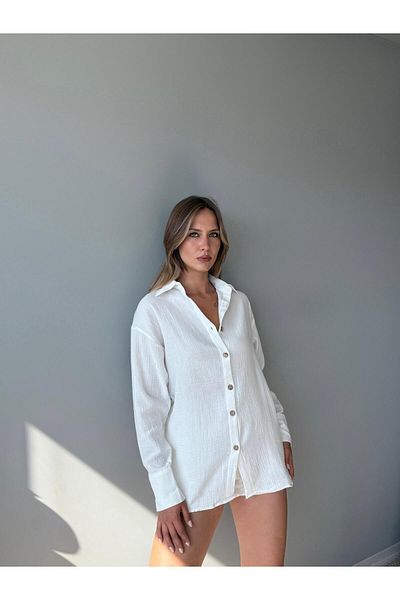 AlisaSu Button Front Shirt Elastic Waist Shorts Cotton Muslin Double Suit