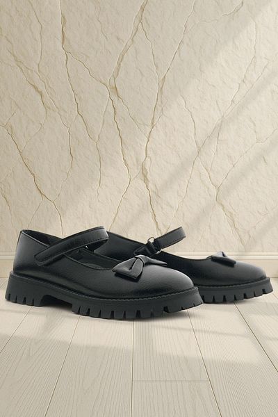 Rakerplus Black Wrinkled Patent Leather Thick Soled Velcro Girls' Ballerinas