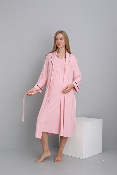 Miss Dünya Lissa Yaka Detaylı Düğmeli Hamile ve Lohusa Sabahlıklı Gecelik Takımı