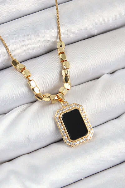 Nehir 316L Steel Zircon Stone Black Baguette Model Gold Color Women's Necklac...